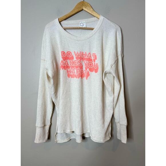 Aerie Do What Makes You Happy Waffle Knit Thermal Top Oversized Medium Ivory - Picture 2 of 11
